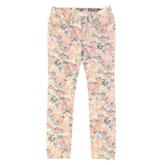 Miss Me Jeans Cargo Women's Sz 30 Pink Floral Print Cuff Skinny Jeans Low Rise✨ - Picture 1 of 13
